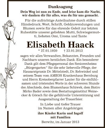 Traueranzeige von Elisabeth Haack von Mitteldeutsche Zeitung Bernburg