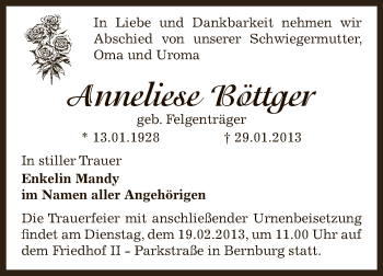 Traueranzeige von Anneliese Böttger von Mitteldeutsche Zeitung Bernburg