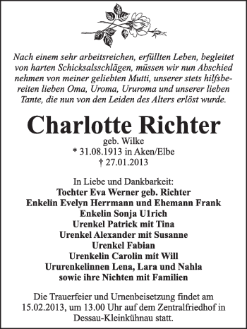 Traueranzeige von Charlotte  Richter von Mitteldeutsche Zeitung Dessau-Roßlau