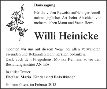 Traueranzeige von Willi Heinicke von Mitteldeutsche Zeitung Weißenfels