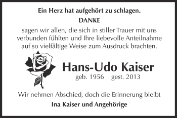 Traueranzeige von Hans-Udo Kaiser von Mitteldeutsche Zeitung Weißenfels