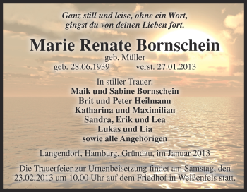 Traueranzeige von Marie Renate Bornschein von Mitteldeutsche Zeitung Weißenfels