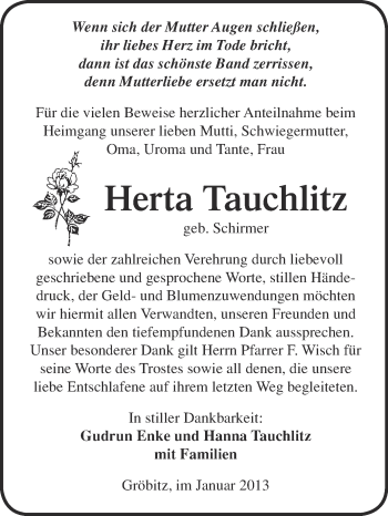Traueranzeige von Herta Tauchlitz von Mitteldeutsche Zeitung Weißenfels