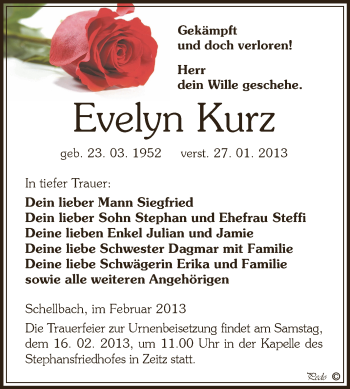 Traueranzeige von Evelyn Kurz von Mitteldeutsche Zeitung Zeitz