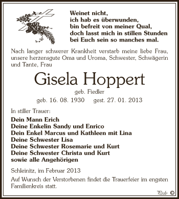 Traueranzeige von Gisela Hoppert von Mitteldeutsche Zeitung Zeitz