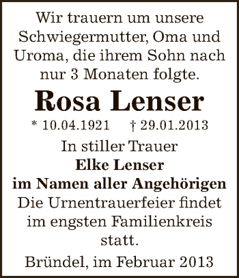 Traueranzeige von Rosa Lenser von Mitteldeutsche Zeitung Bernburg