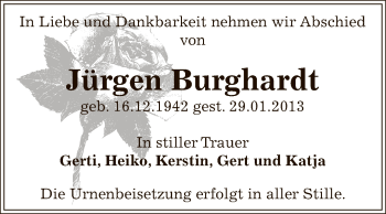 Traueranzeige von Jürgen Burghardt von Mitteldeutsche Zeitung Bitterfeld