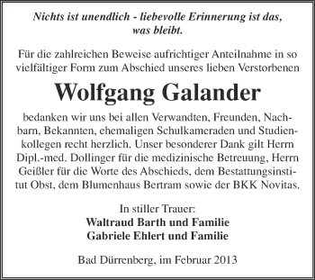 Traueranzeige von Wolfgang Galander von Mitteldeutsche Zeitung Merseburg/Querfurt