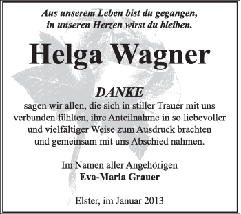 Traueranzeige von Helga Wagner von Mitteldeutsche Zeitung Jessen