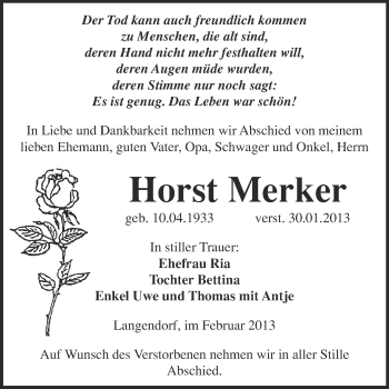 Traueranzeige von Horst Merker von Mitteldeutsche Zeitung Weißenfels