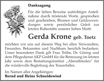 Traueranzeige von Gerda Krone von Mitteldeutsche Zeitung Naumburg/Nebra