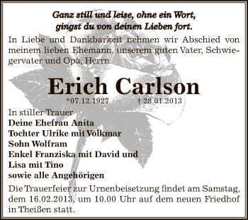 Traueranzeige von Erich Carlson von Mitteldeutsche Zeitung Zeitz
