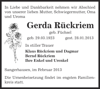 Traueranzeige von Gerda Rückriem von Mitteldeutsche Zeitung Sangerhausen