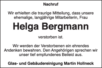 Traueranzeige von Helga Bergmann von Mitteldeutsche Zeitung Köthen