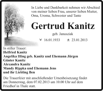 Traueranzeige von Gertrud Kanitz von Mitteldeutsche Zeitung Quedlinburg