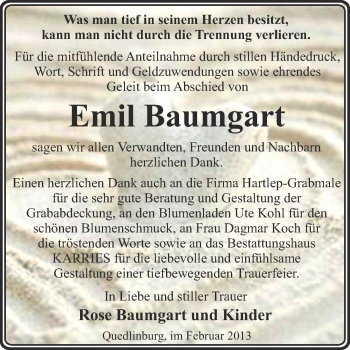 Traueranzeige von Emil Baumgart von Mitteldeutsche Zeitung Quedlinburg