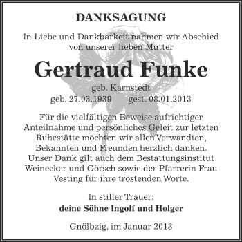 Traueranzeige von Gertraud Funke von Mitteldeutsche Zeitung Bernburg