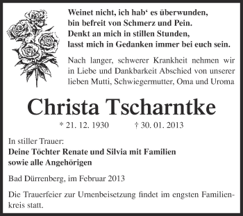Traueranzeige von Christa Tscharntke von Mitteldeutsche Zeitung Merseburg/Querfurt