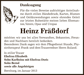 Traueranzeige von Heinz Fräßdorf von Mitteldeutsche Zeitung Bernburg
