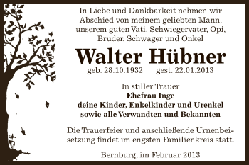 Traueranzeige von Walter Hübner von Mitteldeutsche Zeitung Bernburg