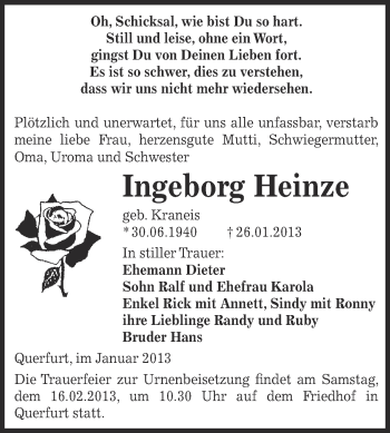 Traueranzeige von Ingeborg Heinze von Mitteldeutsche Zeitung Merseburg/Querfurt