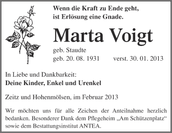 Traueranzeige von Marta Voigt von Mitteldeutsche Zeitung Zeitz