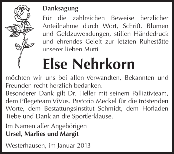 Traueranzeige von Else Nehrkorn von Mitteldeutsche Zeitung Quedlinburg