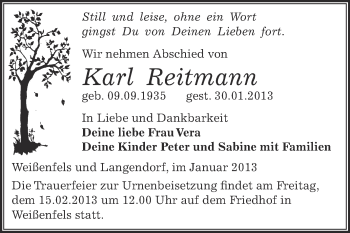 Traueranzeige von Karl Reitmann von Mitteldeutsche Zeitung Weißenfels