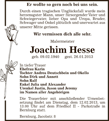 Traueranzeige von Joachim Hesse von Mitteldeutsche Zeitung Bernburg