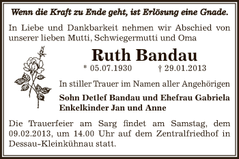 Traueranzeige von Ruth Bandau von Mitteldeutsche Zeitung Dessau-Roßlau