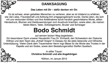 Traueranzeige von Bodo Schmidt von Mitteldeutsche Zeitung Köthen