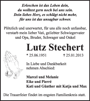 Traueranzeige von Lutz Stechert von Mitteldeutsche Zeitung Dessau-Roßlau