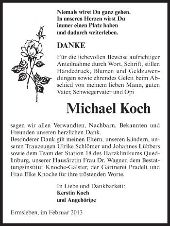 Traueranzeige von Michael Koch von Mitteldeutsche Zeitung Quedlinburg