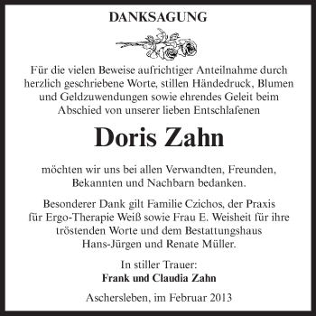 Traueranzeige von Doris Zahn von Mitteldeutsche Zeitung Aschersleben