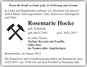 Traueranzeige von Rosemarie Hocke von Mitteldeutsche Zeitung Merseburg/Querfurt
