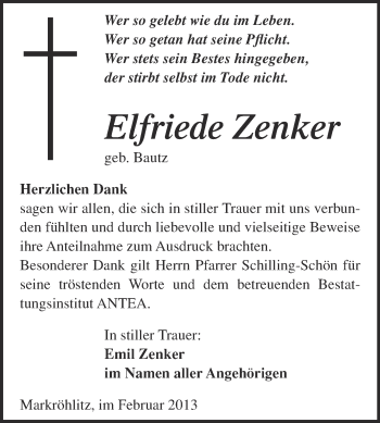 Traueranzeige von Elfriede Zenker von Mitteldeutsche Zeitung Naumburg/Nebra