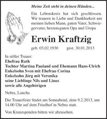 Traueranzeige von Erwin Kraftzig von Mitteldeutsche Zeitung Naumburg/Nebra