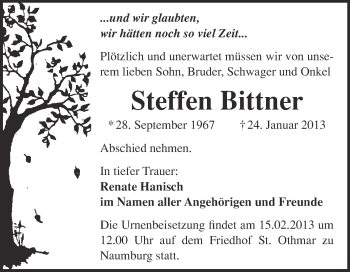 Traueranzeige von Steffen Bittner von Mitteldeutsche Zeitung Naumburg/Nebra