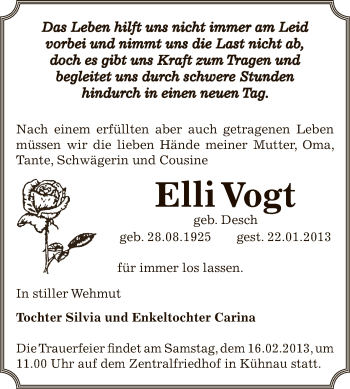 Traueranzeige von Elli Vogt von Mitteldeutsche Zeitung Dessau-Roßlau