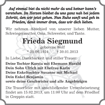 Traueranzeige von Frieda Siegmund von Mitteldeutsche Zeitung Bitterfeld