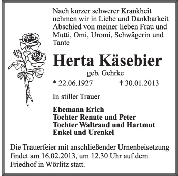 Traueranzeige von Herta Käsebier von Mitteldeutsche Zeitung Jessen