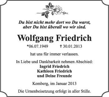 Traueranzeige von Wolfgang Friedrich von Mitteldeutsche Zeitung Jessen
