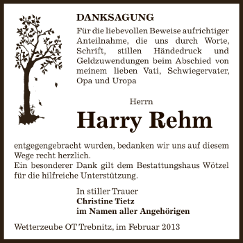 Traueranzeige von Harry Rehm von Mitteldeutsche Zeitung Zeitz