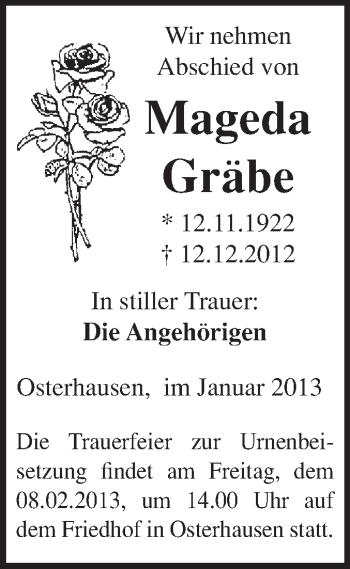 Traueranzeige von Mageda Gräbe von Mitteldeutsche Zeitung Mansfelder Land