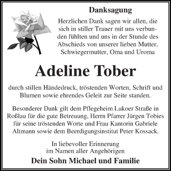 Traueranzeige von Adeline Tober von Mitteldeutsche Zeitung Dessau-Roßlau