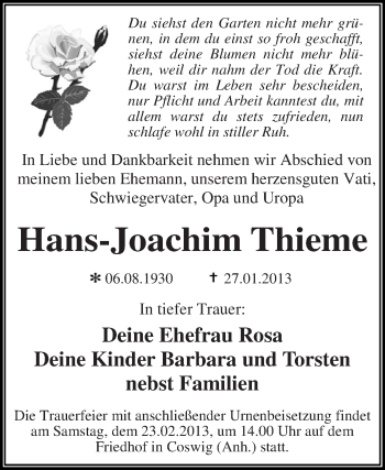 Traueranzeige von Hans-Joachim Thieme von Mitteldeutsche Zeitung Dessau-Roßlau