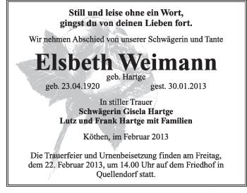 Traueranzeige von Elsbeth Weimann von Mitteldeutsche Zeitung Köthen