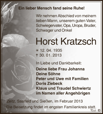 Traueranzeige von Horst Kratzsch von Mitteldeutsche Zeitung Zeitz