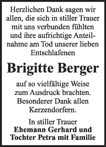 Traueranzeige von Brigitte Berger von Mitteldeutsche Zeitung Wittenberg