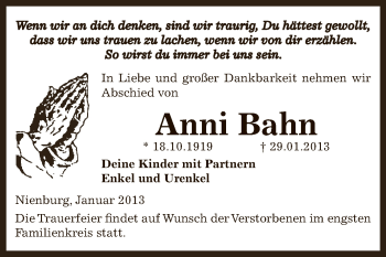 Traueranzeige von Anni Bahn von Mitteldeutsche Zeitung Bernburg